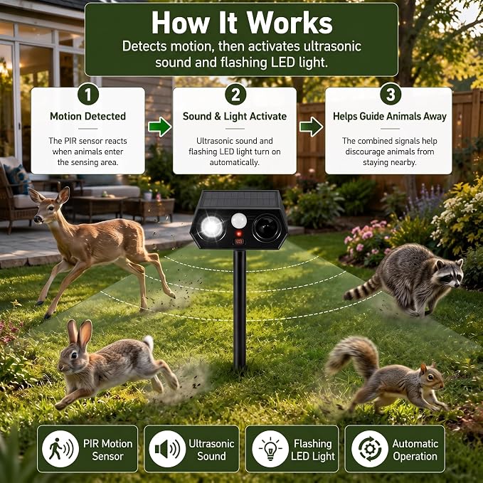 2026 Upgraded Solar Animal Repellent Deer Repellent Outdoor Waterproof Pest Deterrent, Cat Raccoon Skunk Squirrel Rabbit Repellent for Yard Garden Farm,Waterproof IP65, Motion Detection,4 Pack Black