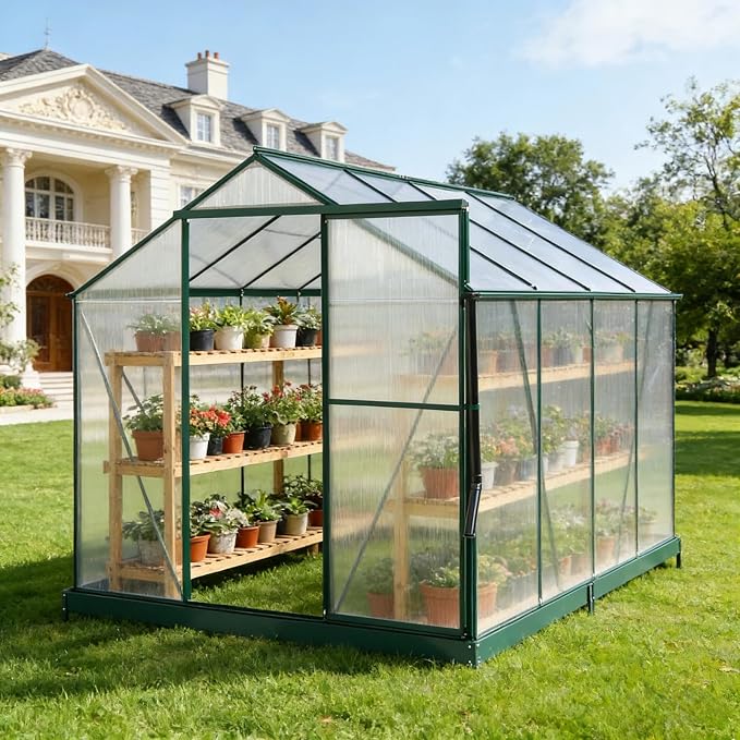 6x8 FT Greenhouse, Walk-in Polycarbonate Greenhouse, Heavy Duty Aluminum Outdoor Green House Kit with Sliding Door, Roof Vent, Rain Gutter for Backyard Garden All Season Growing, Green