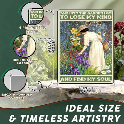 PEACHGARDEN Garden Signs and Into The Garden I Go Women's Gardening Gift Metal Sign Yard Wall Art Decor for Patio Porch Backyard 12x16 inch