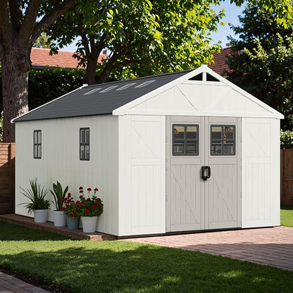 Greesum 10×14FT Plastic Outdoor Storage Shed with Floor and Lockable Door, Resin Sheds with 6-Windows and Multiple Skylights, HDPE Kick-it Shed for Garden, Patio, Backyard, Beige