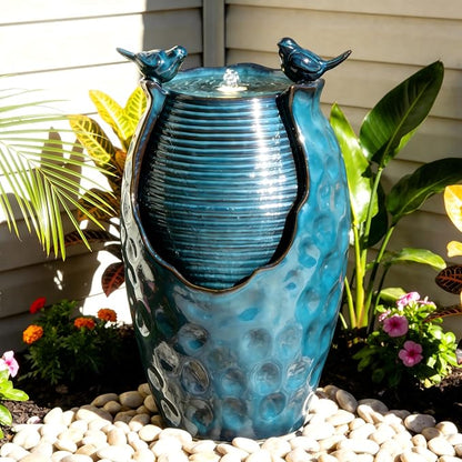 25" H Jar Ceramic Outdoor Fountain with Birds, Relaxing Water Feature | High-Fired Turqupise Glaze and Hammered Texture, Bird-Friendly Garden Fountain, Trickling Water Flow for Garden, Patio, Yard