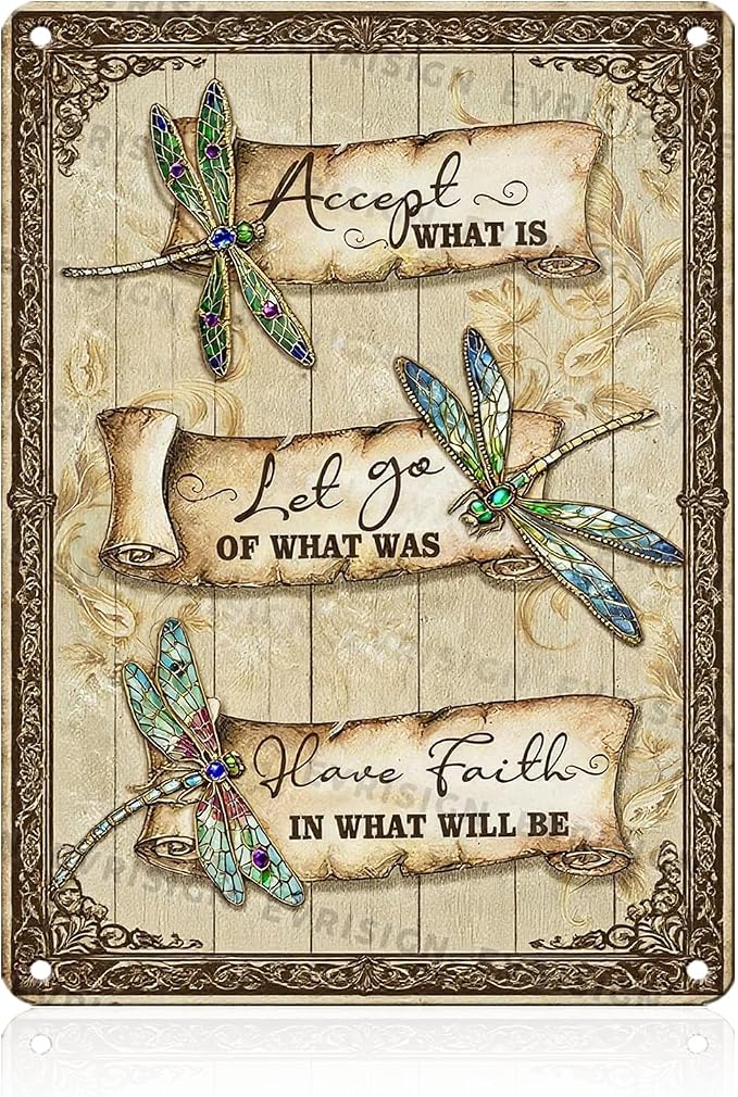 Dragonfly Vintage Metal Tin Sign Dragonfly Wall Art Decor Poster for Garden Yard Outdoor Patio Accept What Is Let Go Of What Was Have Faith In What Will Be 12x16inch