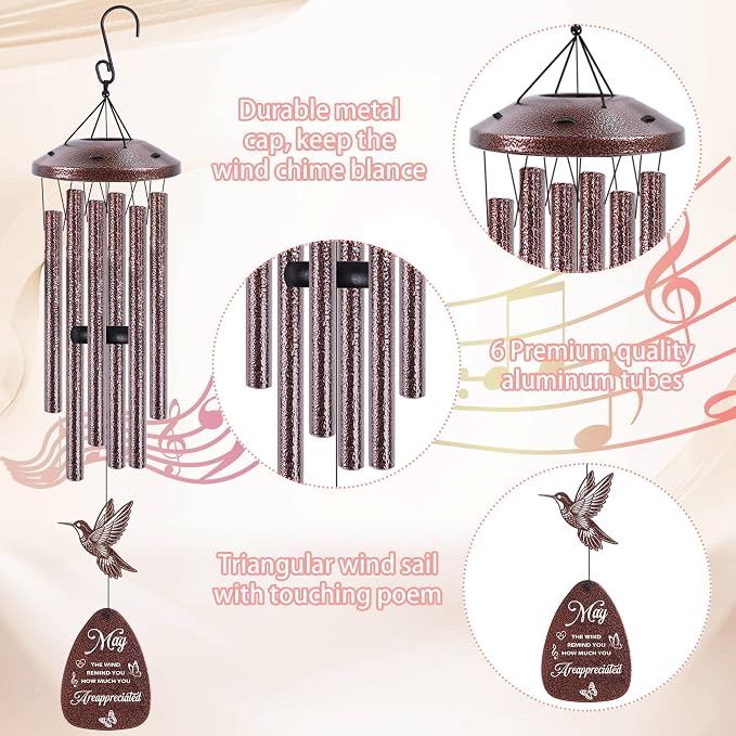 Thank You Wind Chimes for Outside: Thank You Gifts for Men Women, Mental Hummingbird Wind Chime, Thoughtful Appreciation Gift Set for Mom Friends Coworker Employee Teacher