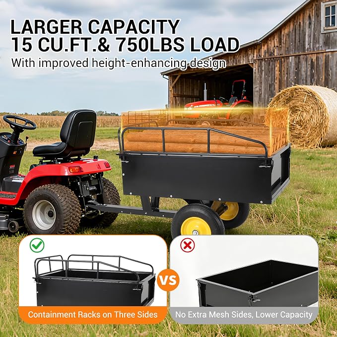 Heavy Duty 500LB Capacity Steel Dump Cart Trailer for ATV, 12 Cu.Ft Utility Garden Wagon, 2 Wheels, Durable Tow-Behind for UTV, Lawn Mower, Tractor, Landscaping