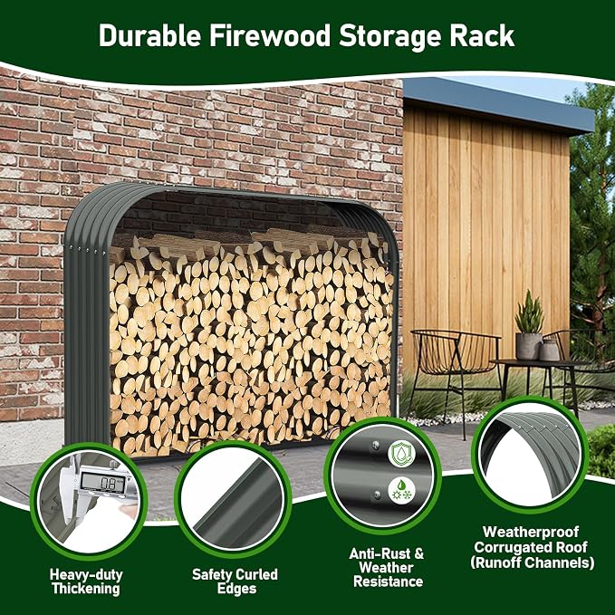 ANLEOLIFE Trio Wide Outdoor Firewood Rack with Corrugated Steel Roof | Alloy Steel Log Holder; 22-Gauge Powder-Coated Galvanized Panels; 18"D x 54"W x 43"H; Open-Sided Airflow; Round Crossbars