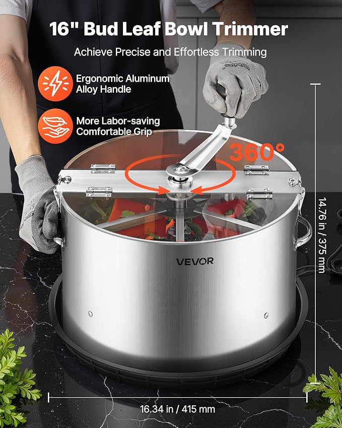 VEVOR Manual Bud Leaf Trimmer, 16 in Reaper Bowl Bud Trimmer with Stainless Steel Blades, Visual Cutting, Wet & Dry Hydroponic Cutting Machine with Tray, Twisted Spin Cut for Plant Buds Flowers