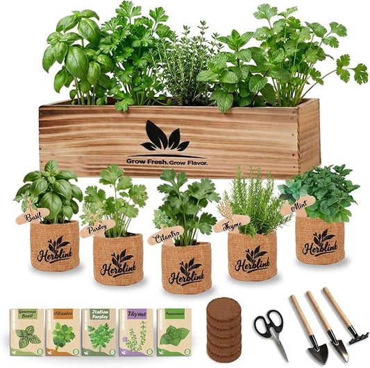 Indoor Herb Garden Starter Kit, Unique Gifts 5 Herb Garden Planter Indoor Kit with Wooden Box Including Basil, Cilantro, Thyme, Parsley, Mint, Fresh Herb Garden, Gardening Gifts for Women