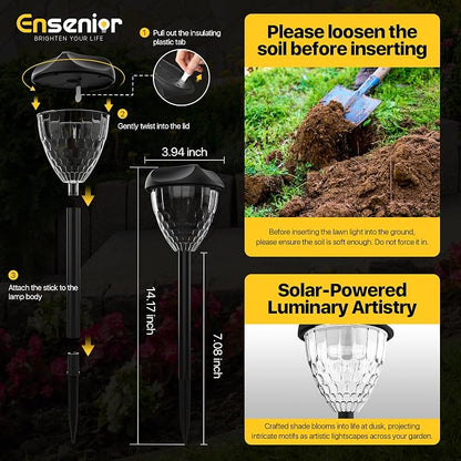 Ensenior Solar Pathway Lights Outdoor - 12-Pack, 6500K LED Landscape Garden Lights, IP65 Waterproof, Tool-Free Auto ON/Off for Garden Yard Patio Walkway Landscape, 14.17" Height