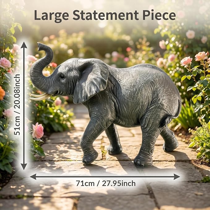 28" Large Elephant Garden Statue with Raised Trunk, Lifelike All-Weather Waterproof Resin Sculpture, Outdoor Yard Patio Lawn Decor, Lucky Feng Shui Ornament, Housewarming Gift