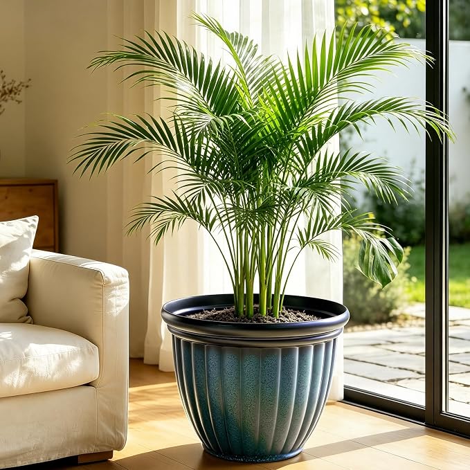 15" Large Flower Pots Set of 2 Plastic Planters for Outdoor Plants | Plant Pot with 3D Textures, Gradient Teal Blue Glaze, Weather-Resistant for Porch, Garden, Patio or Indoor Use