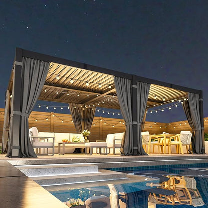 12' x 20' Louvered Pergola, Outdoor Pergola with Curtains & Netting, Aluminum Frame Patio Pergola with Adjustable Louvers Roof & Gutter System, Hardtop Gazebo for Patio, Deck, Garden, Yard, Dark Gray