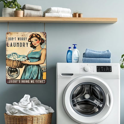 PEACHGARDEN Don't Worry Laundry Vintage Tin Sig Funny Sarcastic Retro Housewife Design Metal Tin 1950s Mom Laundry Sign Laundry Room Wall Decor for Home 12x16inch