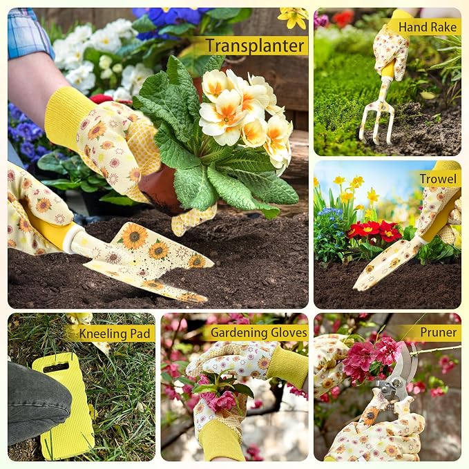 Gardening Gifts for Women, Gardening Tools for Women, 9 PCS Sunflower Garden Tools Set Kit with Garden Tool Bag, Mother's Day Birthday for Gardener Mom Grandma Aunt, Yellow