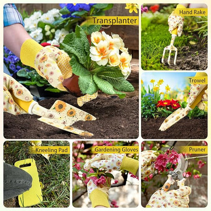 Gardening Gifts for Women, Gardening Tools for Women, 9 PCS Sunflower Garden Tools Set Kit with Garden Tool Bag, Mother's Day Birthday for Gardener Mom Grandma Aunt, Yellow