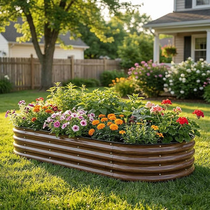 SnugNiture 6x3x1ft Raised Garden Bed Kit, Outdoor Oval Metal Garden Planter, Ground Planter Box for Gardening Vegetables Flowers, Brown