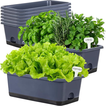 Oliz Window Box Planter 8 Pcs, 17 Inches Rectangle Flower Pots with Drainage Holes and Trays, Vegetable Planters for Windowsill Patio Garden Balcony Home Porch Yard Indoor Outdoor (Grey)