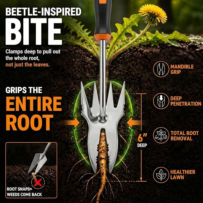 Weed Puller Tool, 2-in-1 Hand Weeder and Root Remover, Heavy Duty Stainless Steel Weeding Tool for Deep Roots, Ergonomic Garden Weed Pulling Tool for Lawn and Yard - Orange