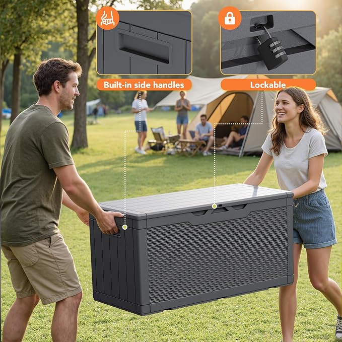 105 Gallon Deck Box Outdoor Indoor Waterproof Storage Box for Patio Furniture, Pool Accessories, Garden Tools, and Cushion Storage, Gray