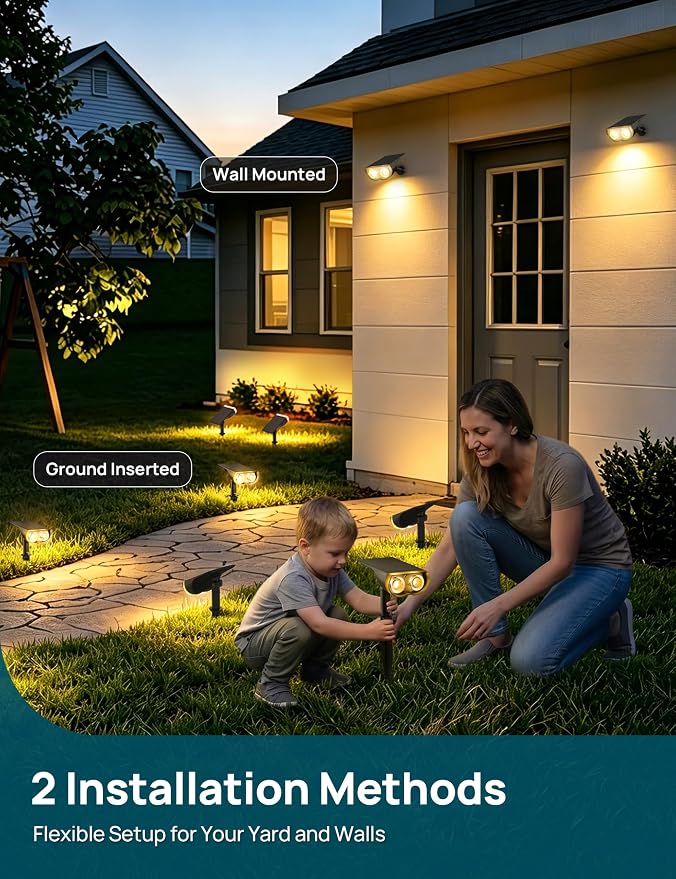 Linkind Solar Lights Outdoor Waterproof IP65, StarRay Dusk-to-Dawn Outdoor Solar Lights, 3 Lighting Modes Solar Spot Lights Outdoor for Garden, Yard, Landscape (Warm White, 4 Pack)