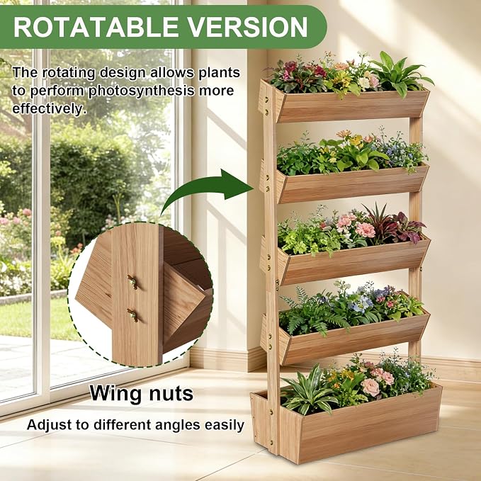 Baotree 5 Tiers Vertical Wooden Raised Garden Bed, Tiered Standing Garden Planters Outdoor, Garden Tower Wooden Planter Box for Planting Herbs Flowers Vegetables Indoor Outdoor Gardening
