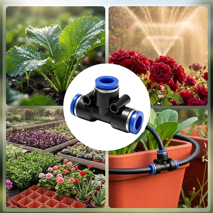 30 Pack 1/4" Drip Irrigation Tee Connectors with 10 End Caps, Quick Connect | Drip Irrigation Tee Connectors, End Caps, Easy Tubing Split and Sealing, Garden Irrigation, Drip Irrigation Parts, Leak-free