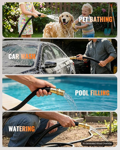 Heavy Duty Rubber Garden Hose 15FT x 5/8", Flexible Water Hose with 360° Swivel Brass Fittings, 300 PSI Working, 1000 PSI Burst, All Weather Outdoor Hose for Irrigation, Black B15GH06