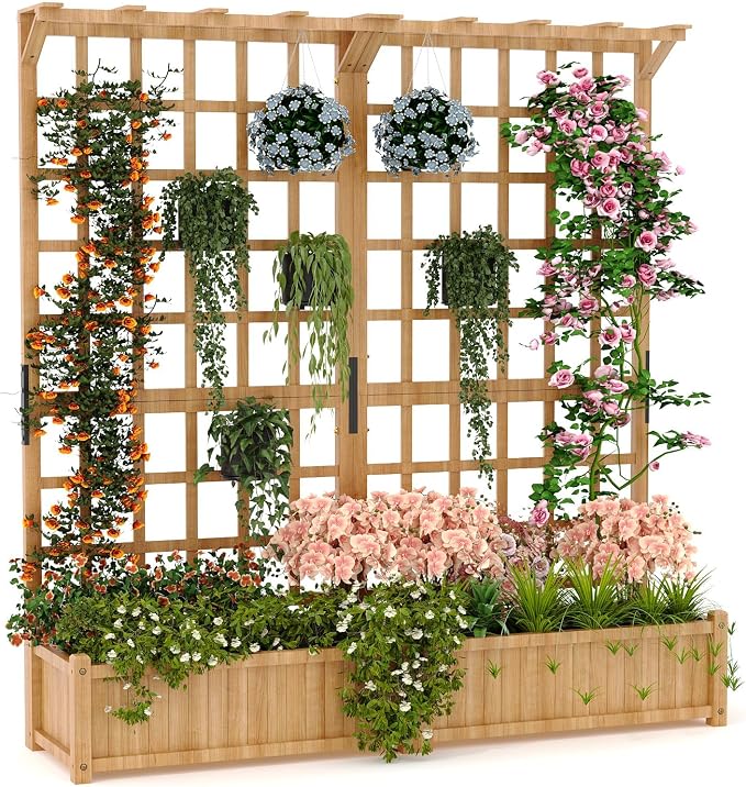 Two-Tier Wooden Planter Box with Trellis, Elevated Raised Garden Bed for Flowers and Vegetables, 1.4 Ft Deep Pot with Roof & Drainage