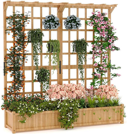 Two-Tier Wooden Planter Box with Trellis, Elevated Raised Garden Bed for Flowers and Vegetables, 1.4 Ft Deep Pot with Roof & Drainage