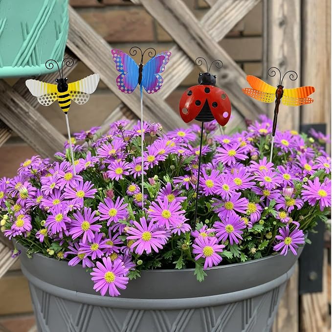 16" H Metal Insects Garden Stake Spring Decor, Butterfly Ladybug Bee Dragonfly Yard Art Ornaments Decorative Plant Stakes for Outdoor Lawn Pathway Patio Plant Pot Flower Bed