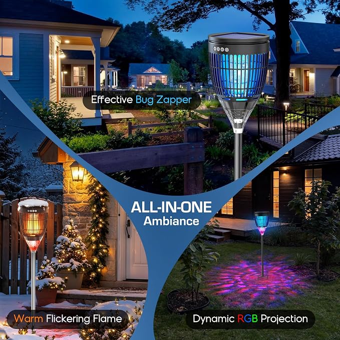 Solar Bug Zapper Outdoor, Mosquito Zapper with Flame & Projector Light Cordless Waterproof, Auto On/Off, Mosquito Trap Solar Powered, 4200V Electric Fly Zapper Killer for Patio Yard Camping Garden