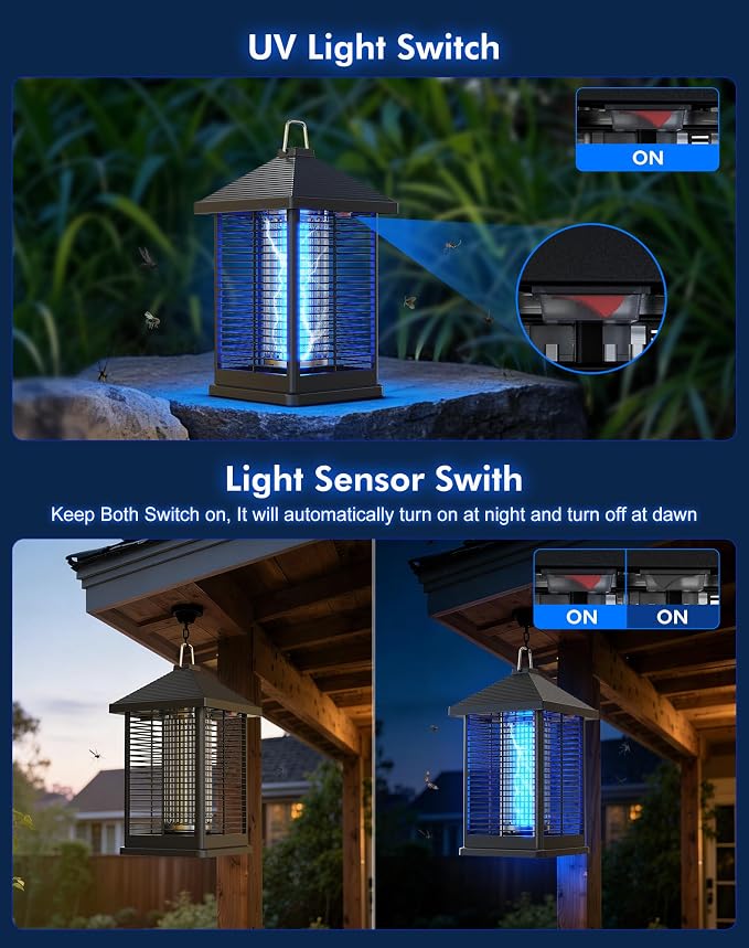 Bug Zapper Indoor & Outdoor with Auto Smart Light Sensor, 4000V Electric Mosquito Zapper, Insect Fly Trapper, Covers 2100 sq ft, IPX4 Waterproof Mosquito Lamp for Patio, Garage, Backyard, Porch