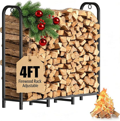 Gtongoko 4ft Heavy Duty Metal Firewood Rack Outdoor Indoor Fire Wood Holder Rack for Fireplace, Log Racks for Firewood Outdoor, Wood Pile Storage Organizer, Black