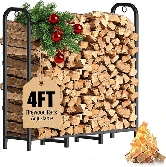 Gtongoko 4ft Heavy Duty Metal Firewood Rack Outdoor Indoor Fire Wood Holder Rack for Fireplace, Log Racks for Firewood Outdoor, Wood Pile Storage Organizer, Black