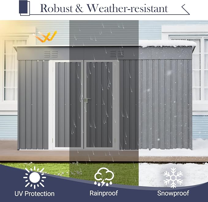 YOPTO 10x4 FT Outdoor Storage Shed, Metal Sheds with Floor Base & Open Firewood Storage,Steel Garden Shed with Lockable Doors,Sloped Roof,Windows, 2 in 1 Large Tool Shed for Patio, Backyard, Lawn.Gray