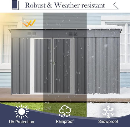 YOPTO 10x4 FT Outdoor Storage Shed, Metal Sheds with Floor Base & Open Firewood Storage,Steel Garden Shed with Lockable Doors,Sloped Roof,Windows, 2 in 1 Large Tool Shed for Patio, Backyard, Lawn.Gray