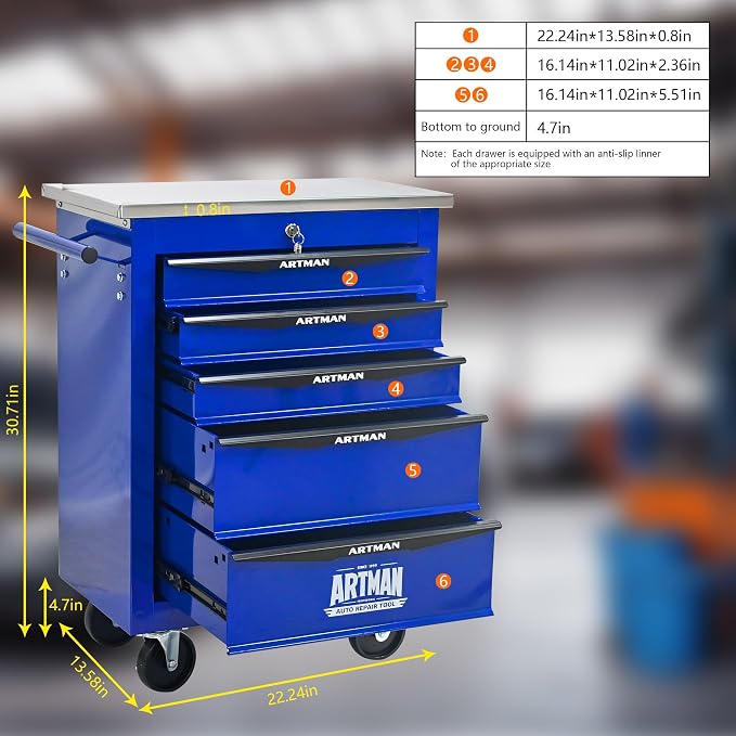 KEIKI 5 Drawers Tool Cart on Wheels,Multifunctional Rolling Tool Chest Tool Storage,Drawers Rolling Tool Trolley Organizer Tool Case for Garage, Warehouse, Workshop, Repair Shop (Blue)