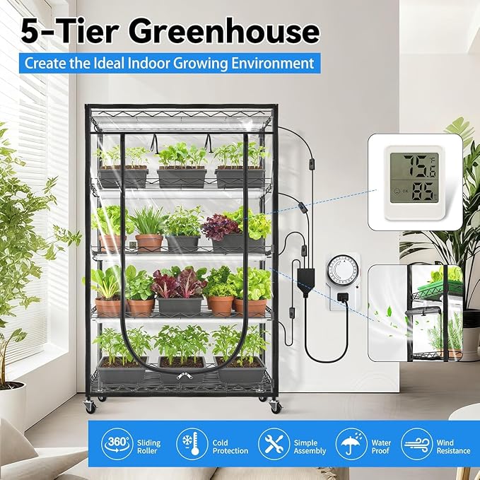 JESLED Indoor Greenhouse with Grow Light, 35.4x13.8x70IN | 3FT Full Spectrum 5000K LED Light for Seed Starting, Tiered Lighting Control, Built-in Timer & Thermo-Hygrometer