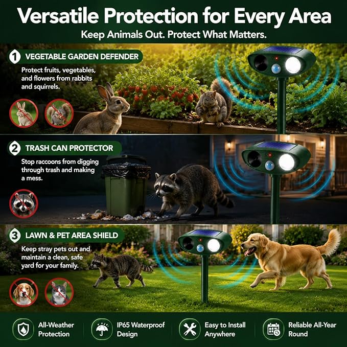 4 Pack Upgraded Sonic Deer Repellent Devices,Solar Ultrasonic Animal Repeller Outdoor for Racoons,Squirrels,Cats,Rabbits,Skunks & Foxes,Waterproof Motion Sensor Animal Deterrent for Garden Yard