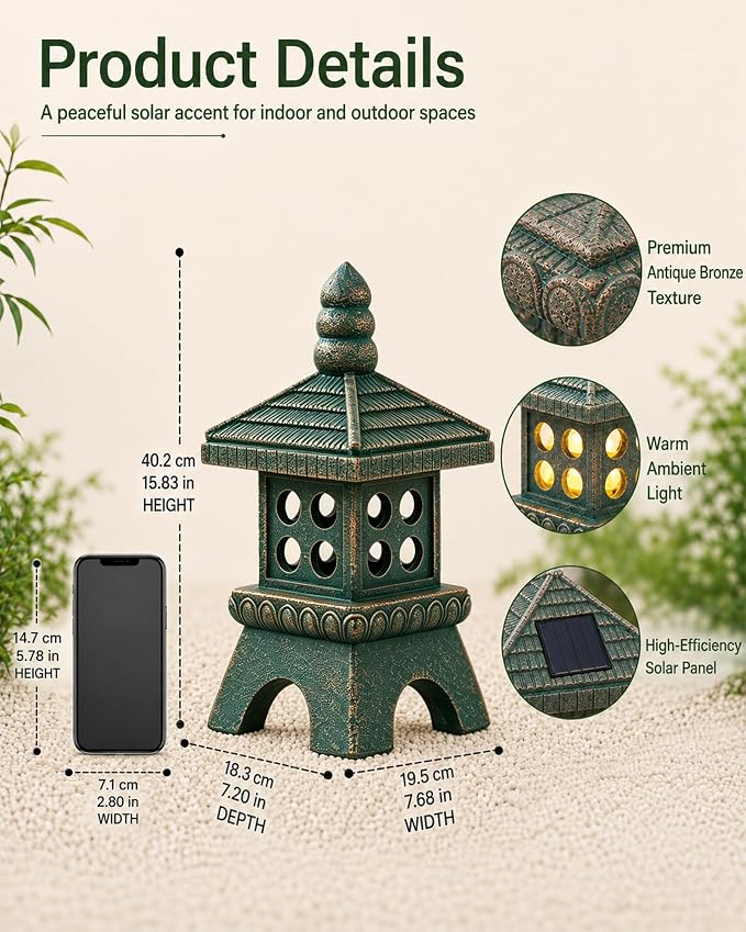 Nacome Solar Pagoda Garden Statues:15.7 inches Outdoor Weatherproof Resin Zen Decor for Landscape Balcony Patio Porch Yard Ornament(Bronze)
