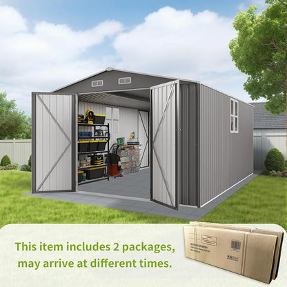 YOPTO 10x14 FT Large Outdoor Storage Shed,Durable Metal Garden Shed with Three Lockable Doors and Two Windows,Waterproof Tool Shed for Backyard Patio,All-Weather Shelter for Bike,Lawn Mowers,Grey