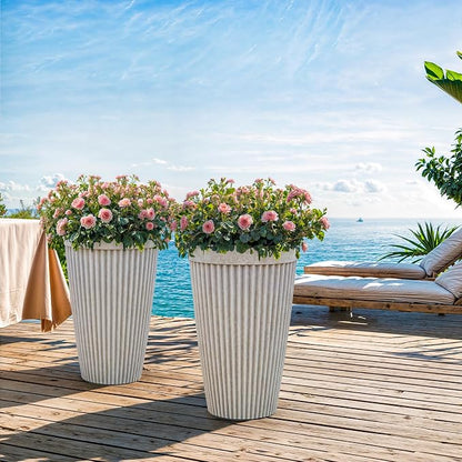 Autodaya 20" Ivory Outdoor Fluted Resin Tall Planters Set of 2 | High-Density Resin Pots with Drainage Holes for Indoor and Outdoor Plants, Patio, Garden, Porch, Living Room, or Gifting