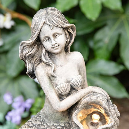 Glitzhome Water Fountain Outdoor, Outdoor Fountain with Lights & Pump, 22.25" H 4-Tiered Concrete Mermaid Polyresin Waterfall Floor Standing Water Feature for Garden, Patio, Yard, Deck, Porch