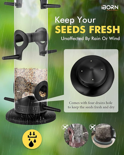 iBorn Metal Bird Feeders Black Wild Bird Feeder for Outdoors Hanging All Metal Black Finishing 15 Inch 6 Port(Seed is not Included)