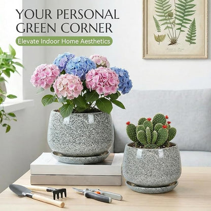 10.3 Inch Flower pots for Indoor Outdoor Plants with Saucer Drainage Leak-Proof Mesh, Ceramic Planter with Gardening Gloves for Succulent and Flower (Gray White)