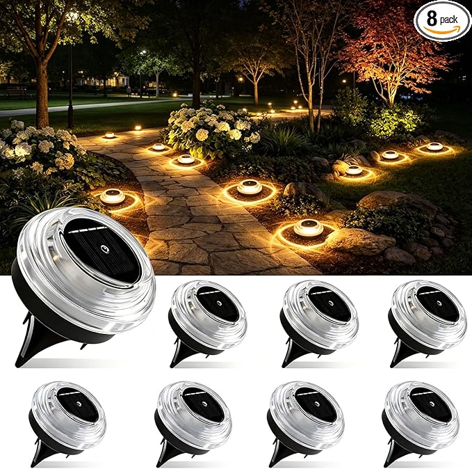 Solar Driveway Lights 8 Pack, Solar Walkway Lights Outdoor IP67 Waterproof, Solar Ground Lights Lighting for Yard Path Step Sidewalk Stair Pathway（Warm White）