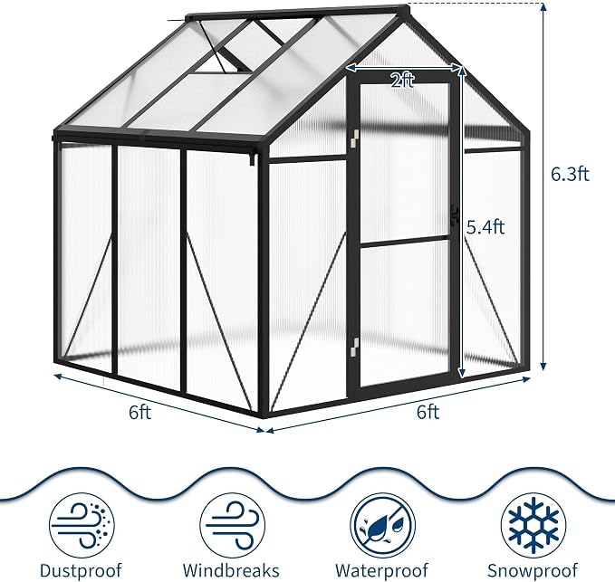 6x6 FT Greenhouse for Outdoors, Polycarbonate Greenhouse with Roof Vent, Ground Nails, Lockable Push Door, Aluminum Large Walk-in Green House for Outside Garden Backyard, Patio, Lawn, Black