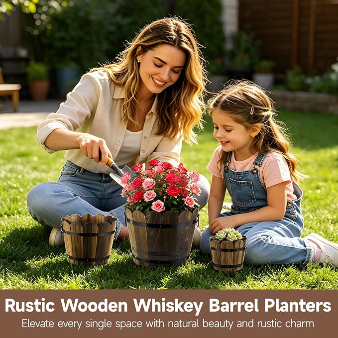 4 PCS Wooden Whiskey Barrel Planters, Wavy Edge Rustic Bucket Flower Pots with Metal Handles, Round Garden Accessory for Succulents Flowers Veggies, Outdoor Indoor Home Porch Yard Container