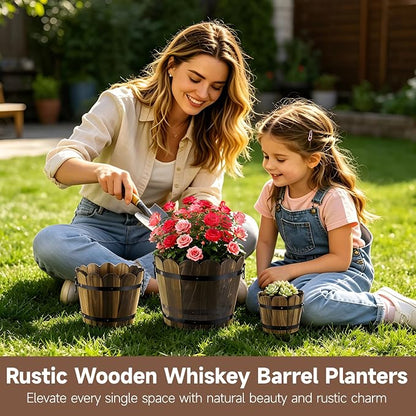 4 PCS Wooden Whiskey Barrel Planters, Wavy Edge Rustic Bucket Flower Pots with Metal Handles, Round Garden Accessory for Succulents Flowers Veggies, Outdoor Indoor Home Porch Yard Container