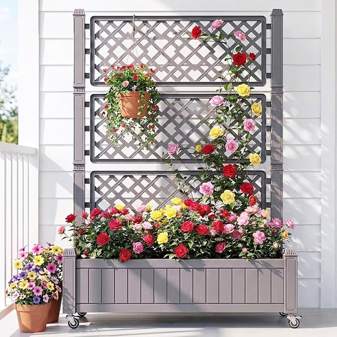 YITAHOME 3.6x1.5x5 FT Planter Box Trellis with Wheels, Large Outdoor Plastic Raised Garden Bed with Drain Plug for Climbing Plants, Light Brown