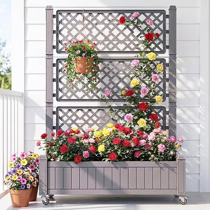 YITAHOME 3.6x1.5x5 FT Planter Box Trellis with Wheels, Large Outdoor Plastic Raised Garden Bed with Drain Plug for Climbing Plants, Light Brown
